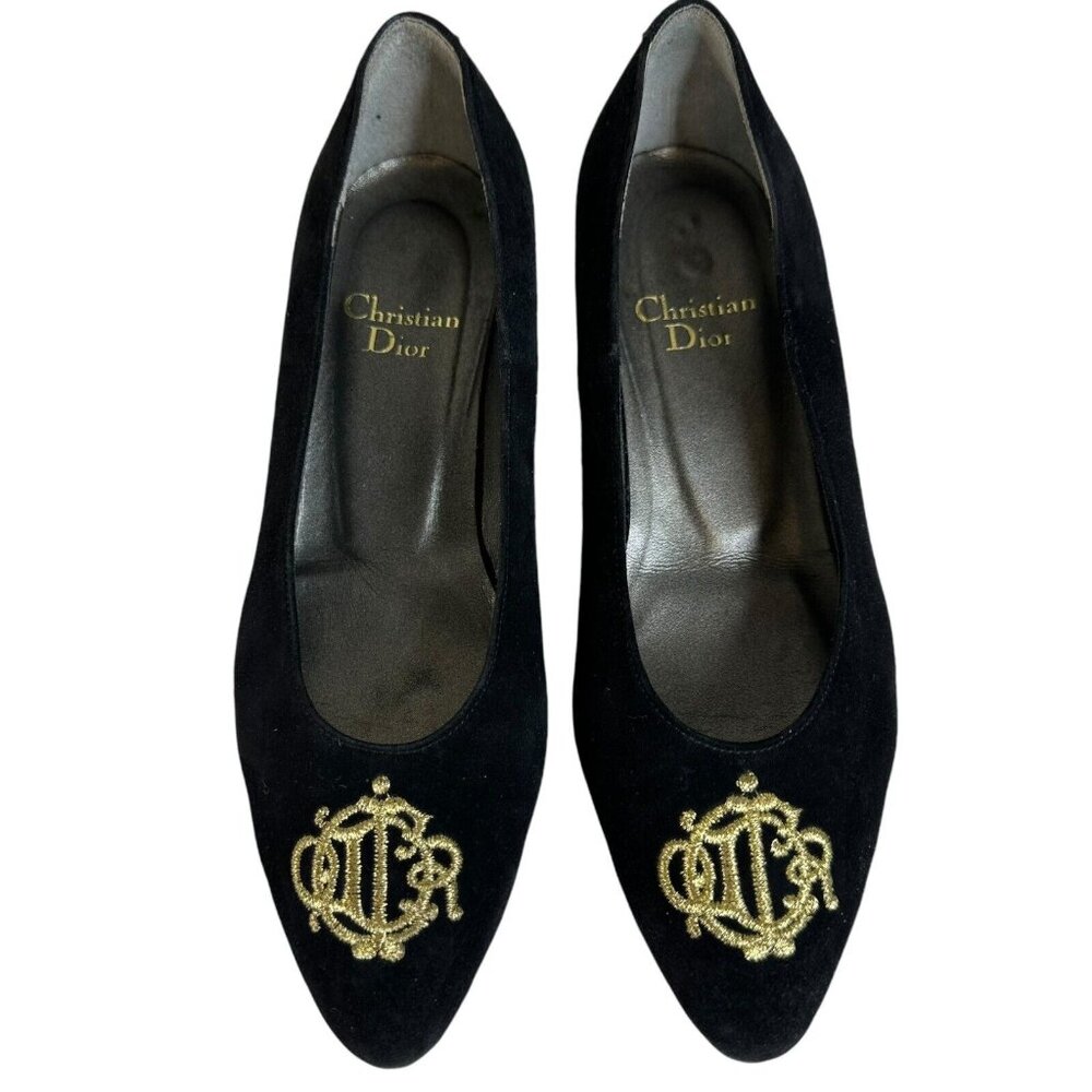 Vintage Dior Pump Wedge Heel Embroidered Logo Gold Black US 4.5 EU 35 Velvet